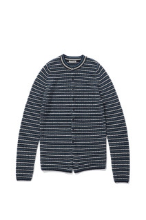 SHETLAND WOOL CASHMERE RIB KNIT CREW-NECK CARDIGAN - NAVY STRIPE (A26AC02SB)