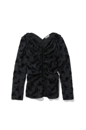 FLOCKED ROSE PRINT GATHERED BLOUSE - BLACK (FTC264-0109)