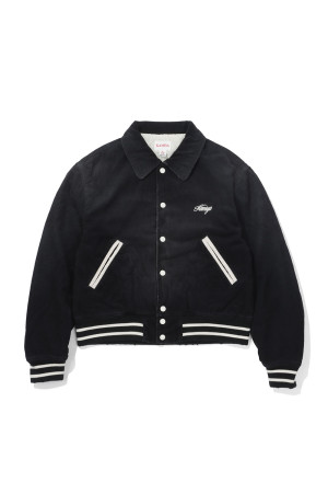 "GREATNESS ACT-COOL"Embroidered Sun-Faded Varsity Jacket - BLACK (G17BL041)