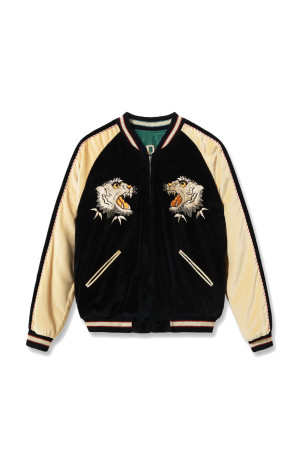 Velveteen (Two-tone) × Acetate Souvenir Jacket “WHITE TIGER” × “GOLD DRAGON” / 119) BLACK (TT15975-119)