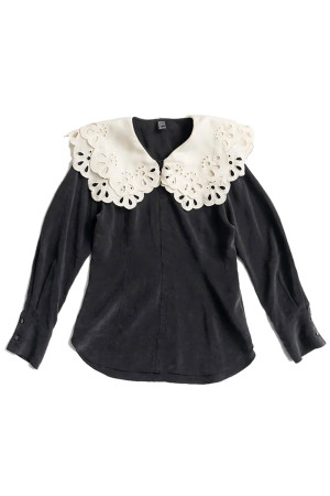 Embroidery Scallop Collar Blouse -BLACK(31262316108)